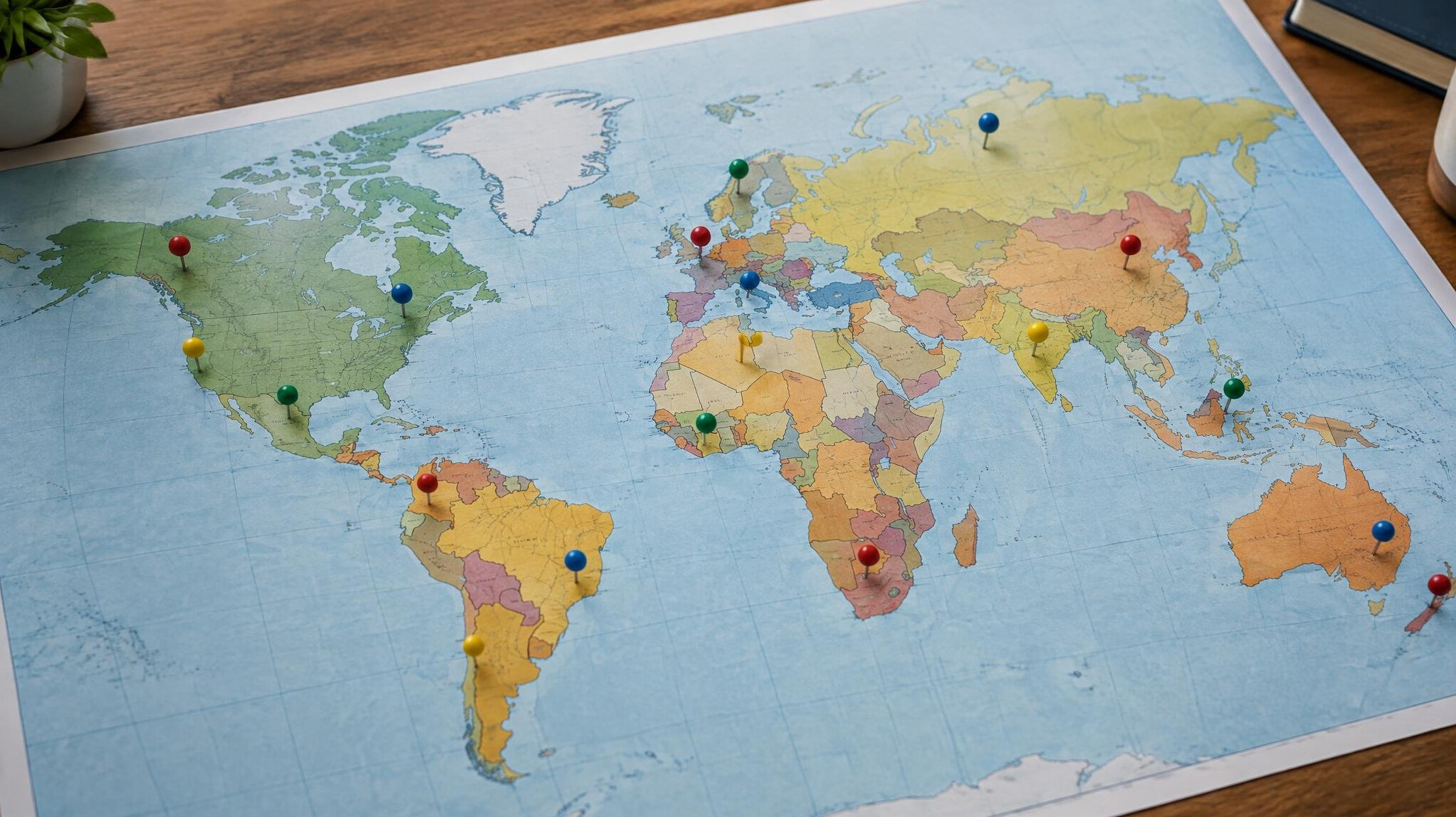 Close-up of a world map with pins marking regions