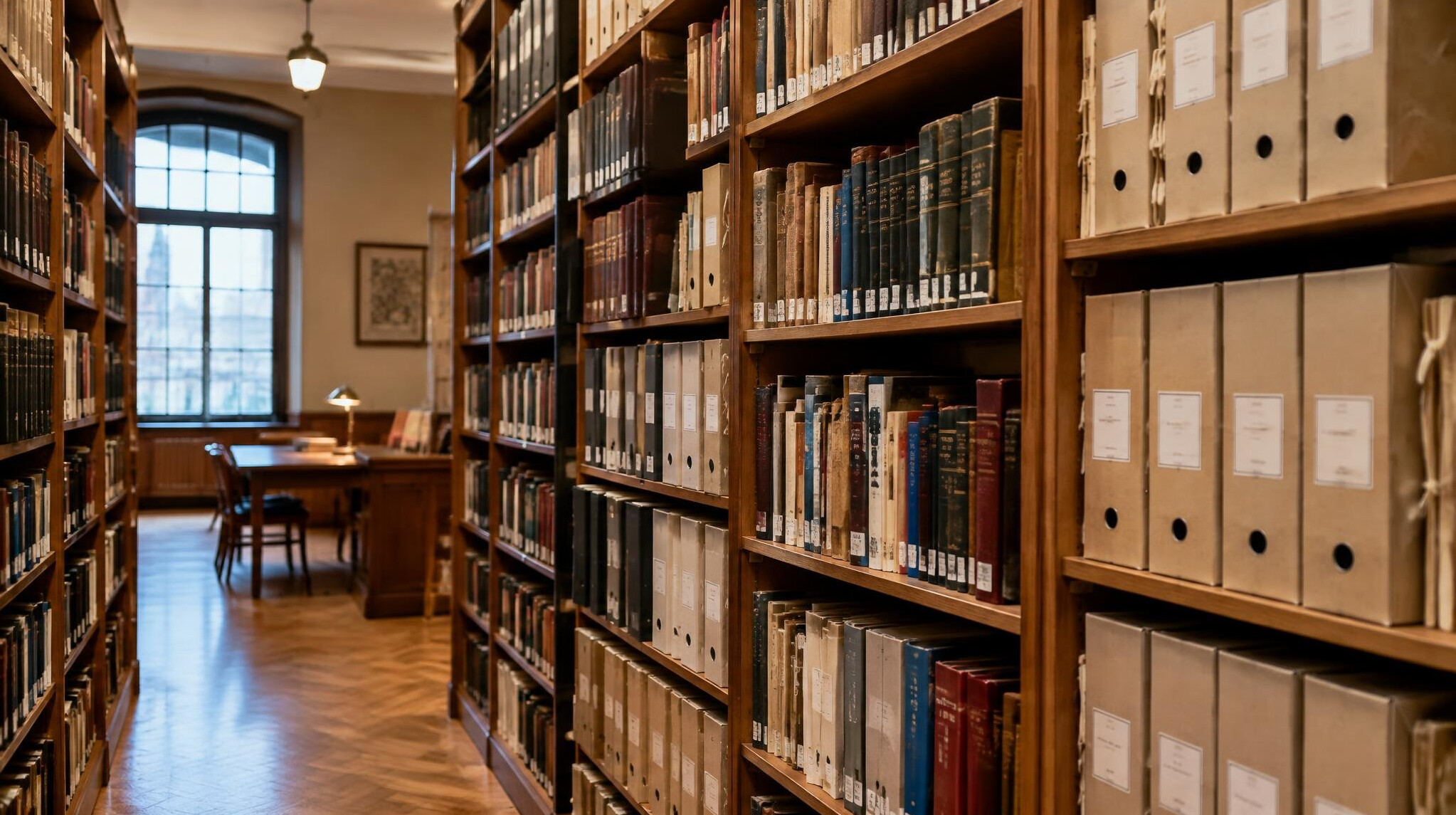 Shelves of books and archives in a research library