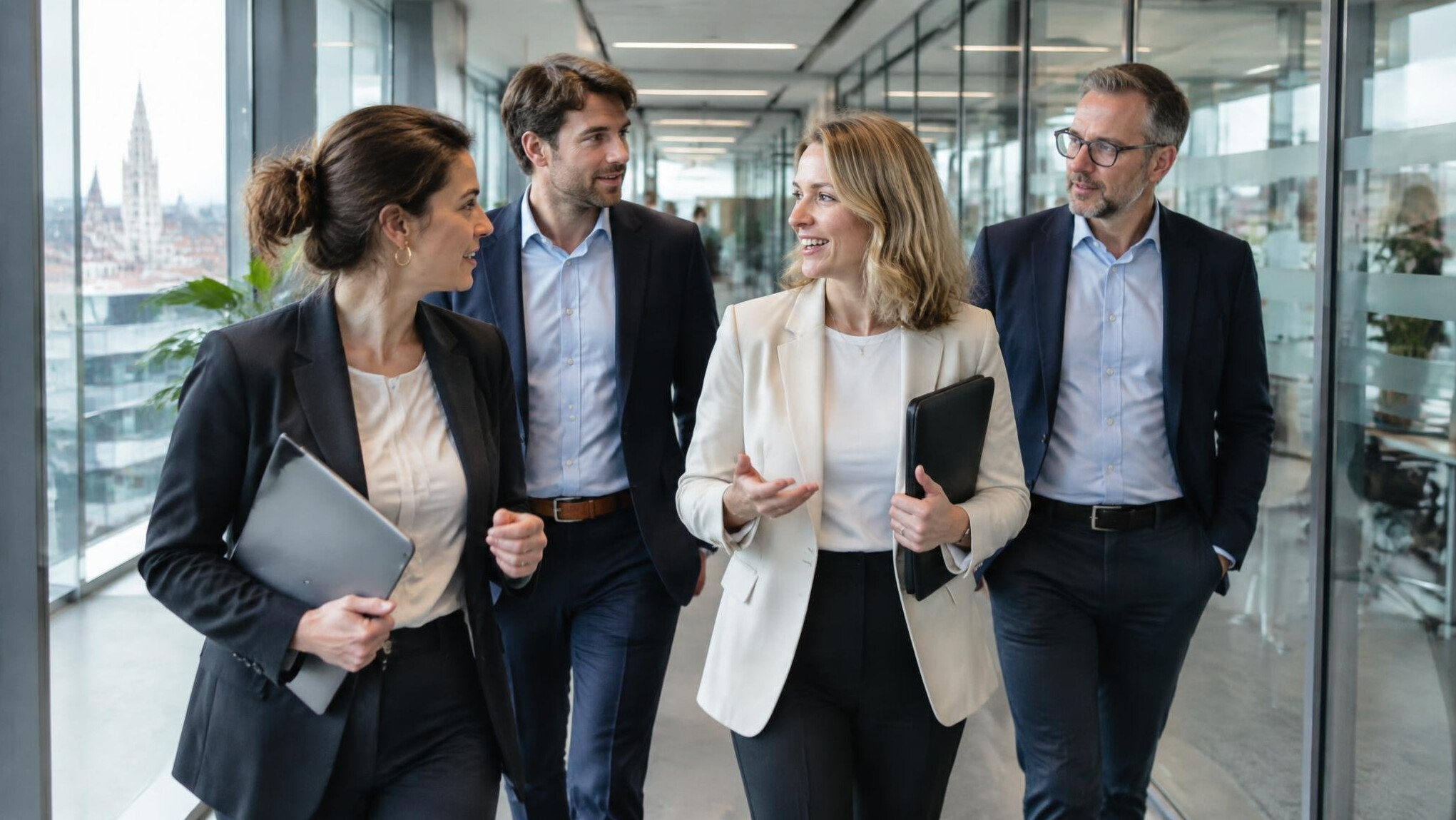 Group of professionals in conversation in a modern office hallway