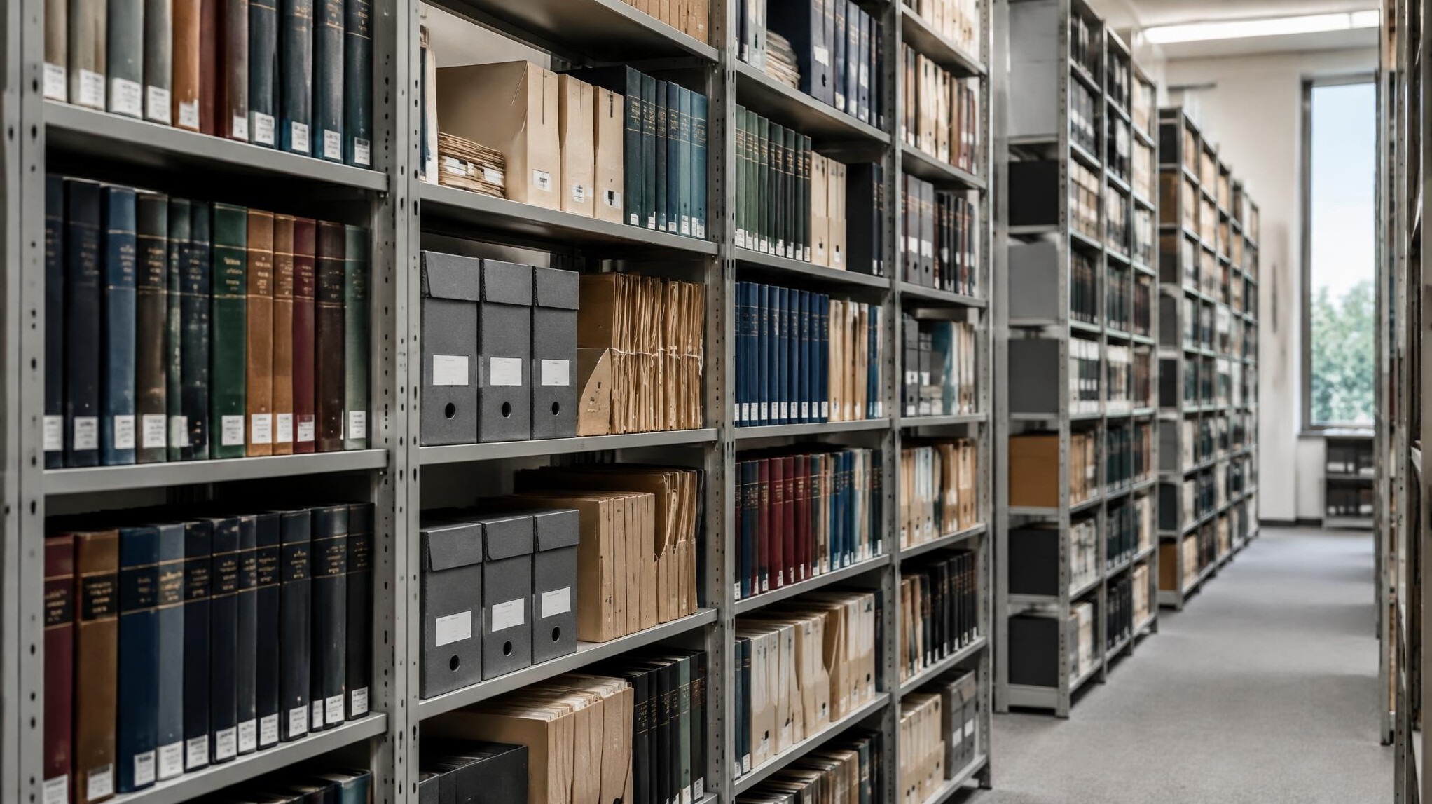 Rows of archival books and folders on library shelving