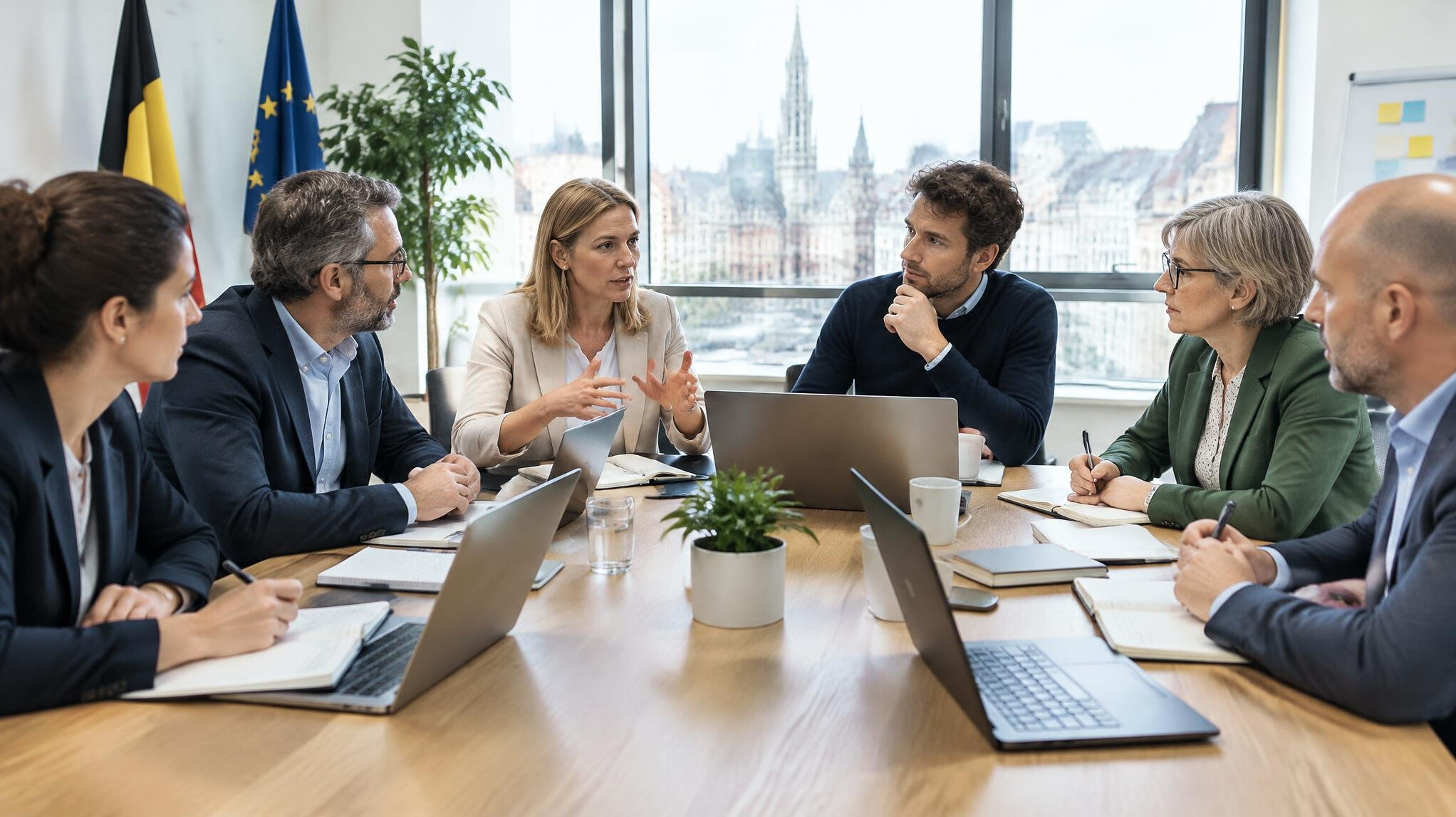 Group of professionals discussing around a table in a bright meeting room