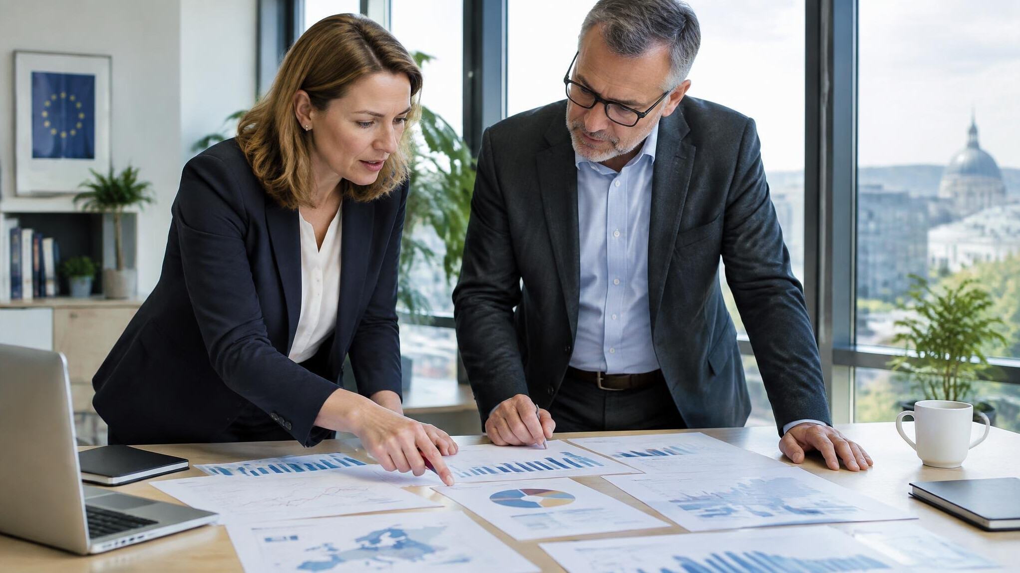Analysts reviewing documents and charts during a strategic discussion